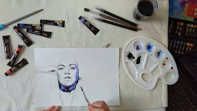 Картина "Мысли". Акварель. Real brush pen. Процесс смотреть онлайн