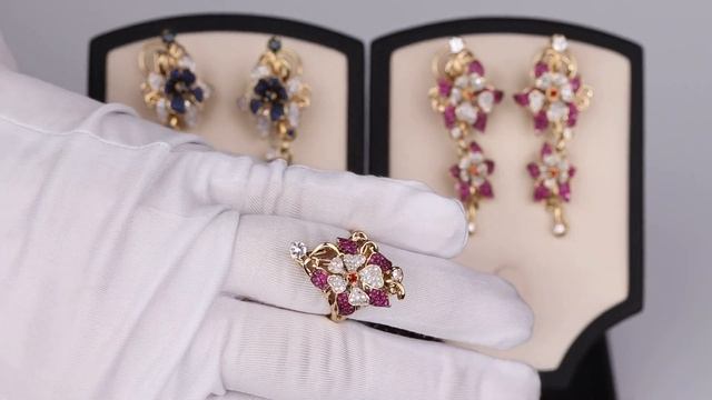 Кольцо из желтого золота с рубинами, бриллиантами и гр смотреть онлайн