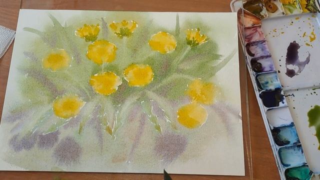 Рисую цветы одуванчики акварелью. I draw dandelion flowers in watercolor. смотреть онлайн