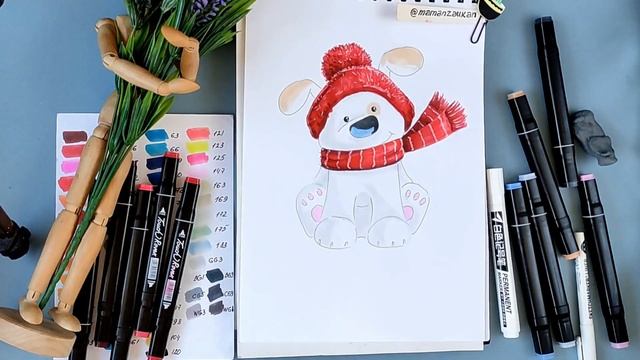 Как нарисовать белую собачку в шапочке. Пошаговое рисование маркерами смотреть онлайн