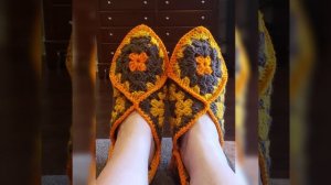 Crochet slippers grannies square. Тапочки крючком бабушкин квадрат.