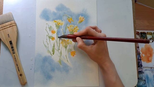 How To Draw Delicate, Yellow Flowers In Watercolor. Рисую жёлтые цветы, мать-и-мачеха акварелью.