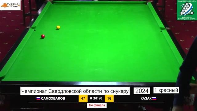 Самохвалов Сергей - Казак Кирилл. 1/4. Чемпионат Свердловской области по снукеру - 2024. 1 красный.