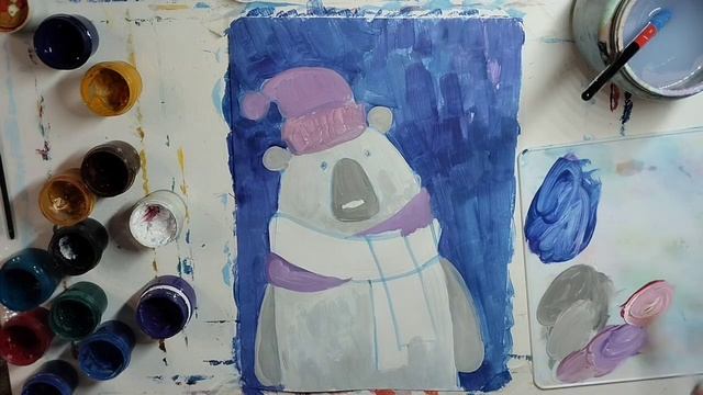 Белый медведь в шапке зимой рисунок гуашью смотреть онлайн