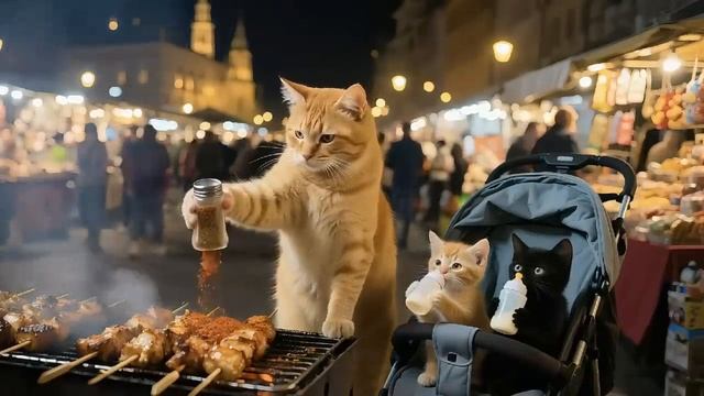 Ginger Cat Mom Sells Skewers At Night Market To Buy Electric Mouse Toys – Kittens Play Happily! 🐾🍖