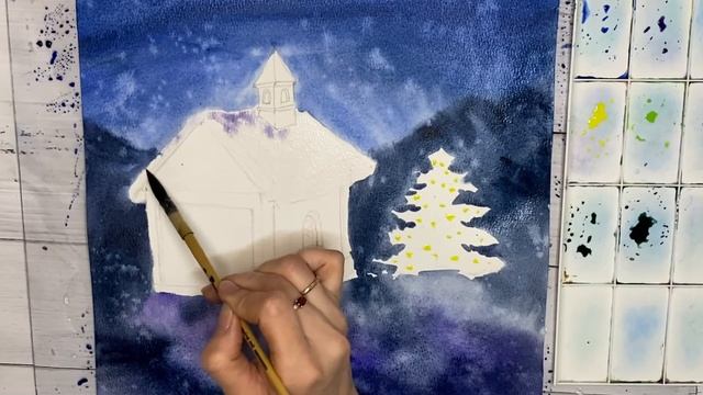 Новогодний пейзаж акварелью #акварельнаяживопись смотреть онлайн
