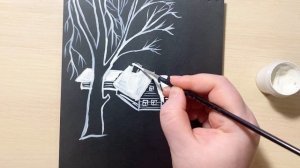 Урок рисования: зимний пейзаж белой гуашью на темной о