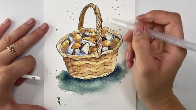 Корзинка с грибами / акварельный скетчинг рисуем грибы смотреть онлайн
