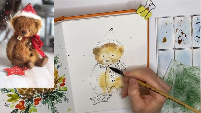 Новогодний мишка акварелью #скетчинг смотреть онлайн