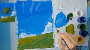 Простой пейзаж гуашью поэтапно.