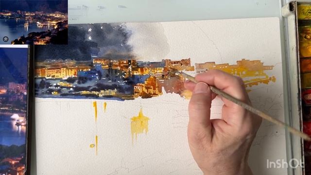 Рисуем ночной пейзаж акварелью