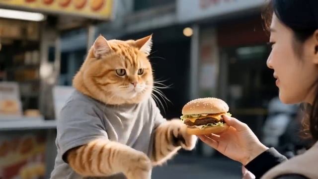 Ginger Cat Dad Works At Construction Site To Buy Hamburgers For His Kitten 🏗️🍔#cat #cute #funny