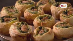 Слоёный рулеты с лососем, деревенские тарталетки с соусом, попкорн из цветной капусты| Антипасти /27