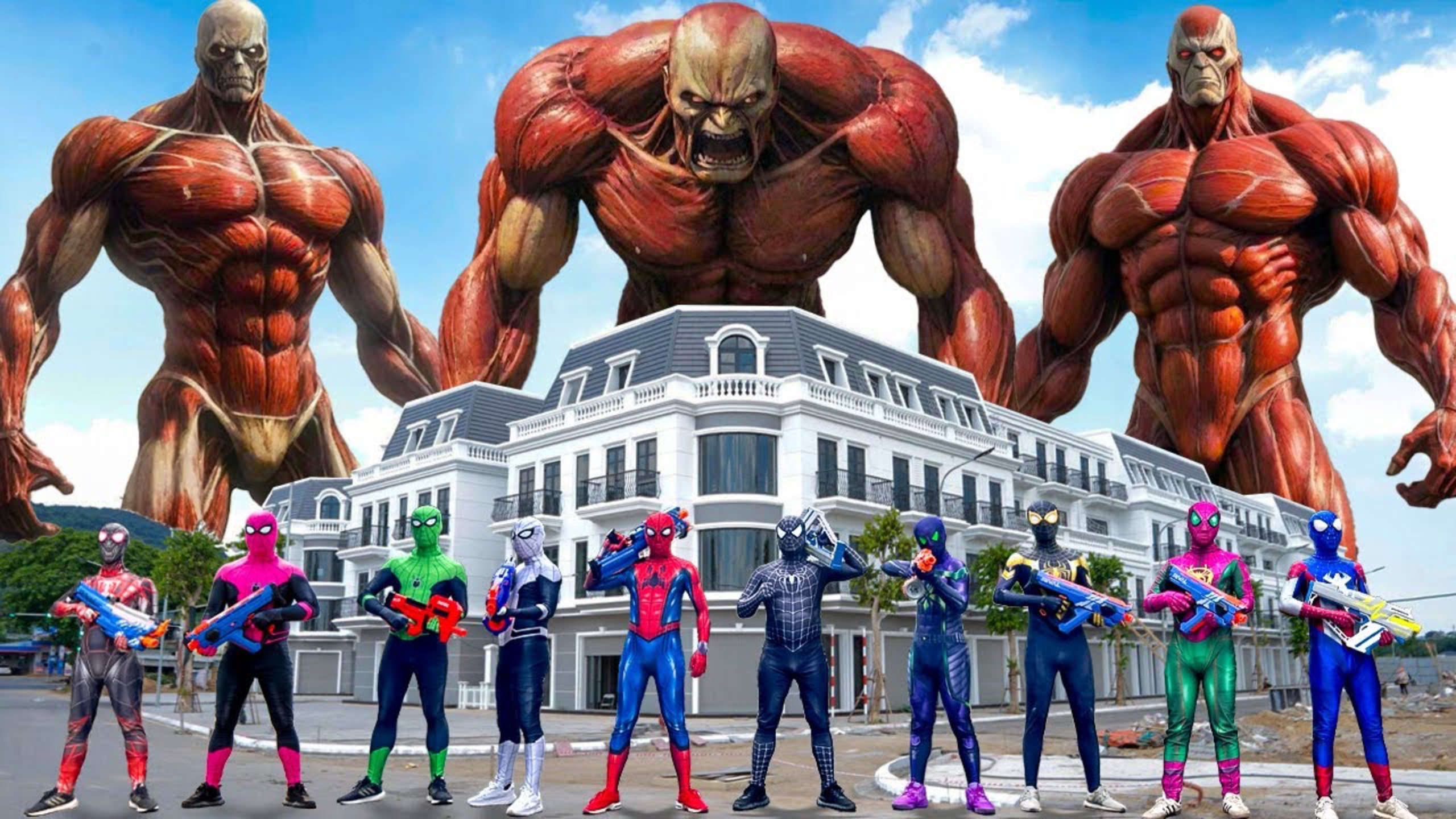 Ого, 10 Человек-пауков в одном доме?? Привет всем супергероям, стреляйте в титанов! смотреть онлайн