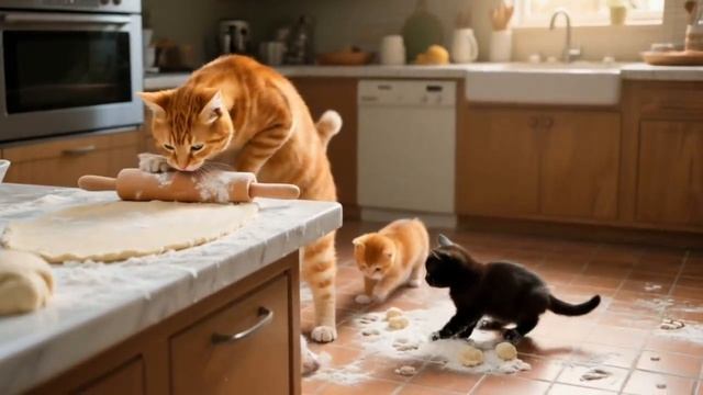 Mama Cat Adopts a White Kitten and Bakes Strawberry Cake with Her Kittens 🍓🐾 #cat #cute #funny смотреть онлайн