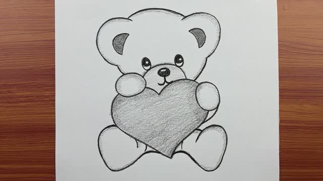 Как нарисовать простого мишку — рисунок милого мишки с сердцем, лёгкие карандашные рисунки смотреть онлайн