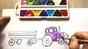 Drawing Purple Tractor. Рисуем Фиолетовый Трактор с прицепом. Color