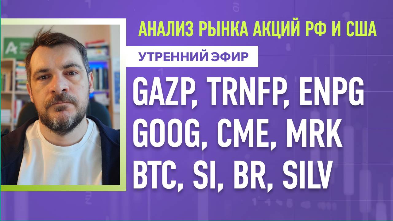 Анализ рынка акций РФ и США/ GAZP, TRNFP, ENPG, GOOG, CME, MRK/ BTC, Si, Br, SILV