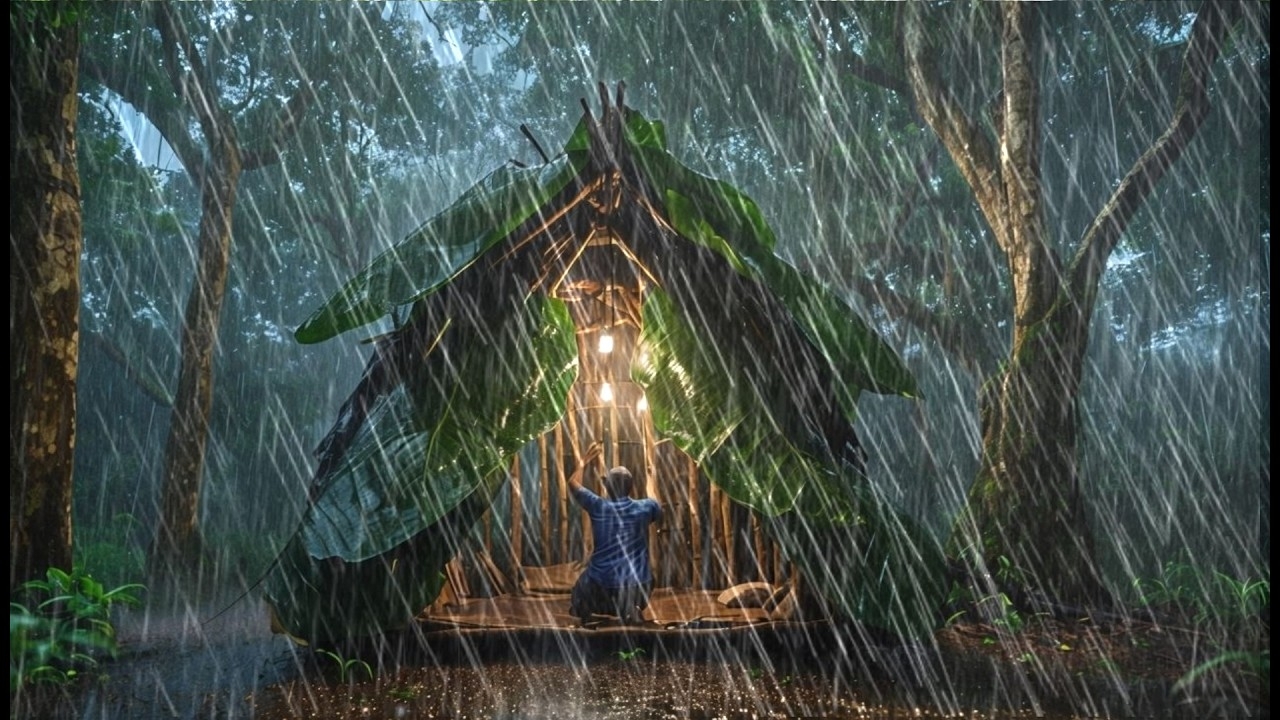 разбиваем лагерь под проливным дождем, строим теплое укрытие // готовим лапшу под проливным дождем смотреть онлайн