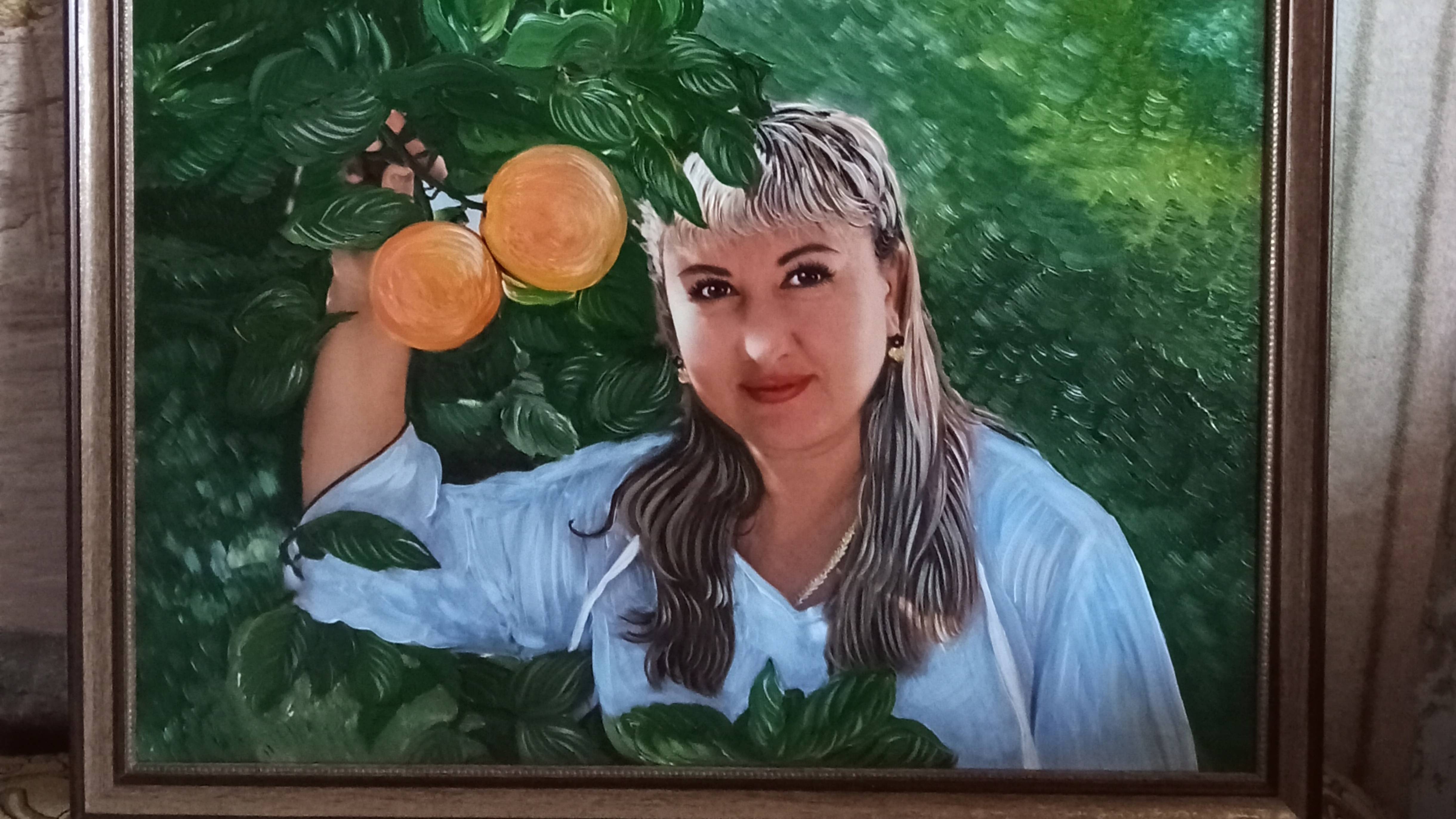 Картина. Портрет по фото. Выполнила красивый, женский портрет. На фоне цветущего сада. Холст, краски смотреть онлайн