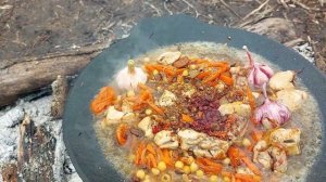 Плов на костре в САДЖЕ. С курицей, нутом и курагой. НЕПР