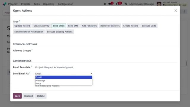 Настройка автоматизации в приложении Odoo 17 Progect смотреть онлайн
