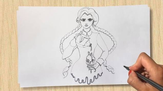 Как нарисовать Уэнздей Аддамс с черепом_Drawing Wednesday Addams _ Учимся рисовать смотреть онлайн