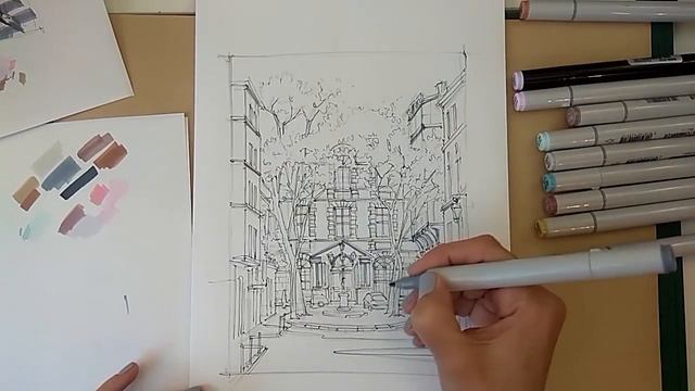 Уроки рисования - рисуем городской пейзаж маркерами Sketchmarker смотреть онлайн