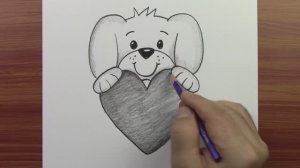 Как легко поэтапно нарисовать милую собаку, держащую сердце. Легкие рисунки животных карандашом