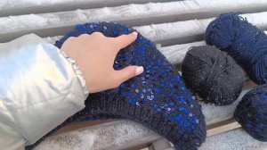 Чепчик женский спицами,трендовый чепчик из пуха норки с пайетками,тренд 2023 зима,пайетки на хлопке