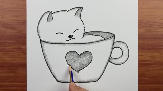 Как легко нарисовать кошку – Рисунок спящей кошки в кружке – Лёгкие рисунки карандашом смотреть онлайн