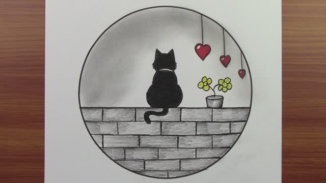 Как нарисовать Рисунок кошки и пейзажа — простой рисунок внутри круга смотреть онлайн