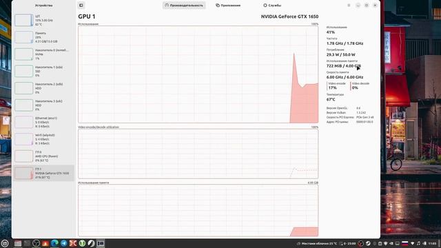 Видеокарта Nvidia GTX 1650 mobile в Linux Mint 21.3 смотреть онлайн