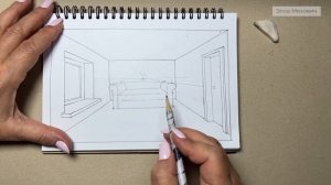 3. Добавляем мебель в наш интерьер: диван, светильник. Фронтальная перспектива с одной точкой схода