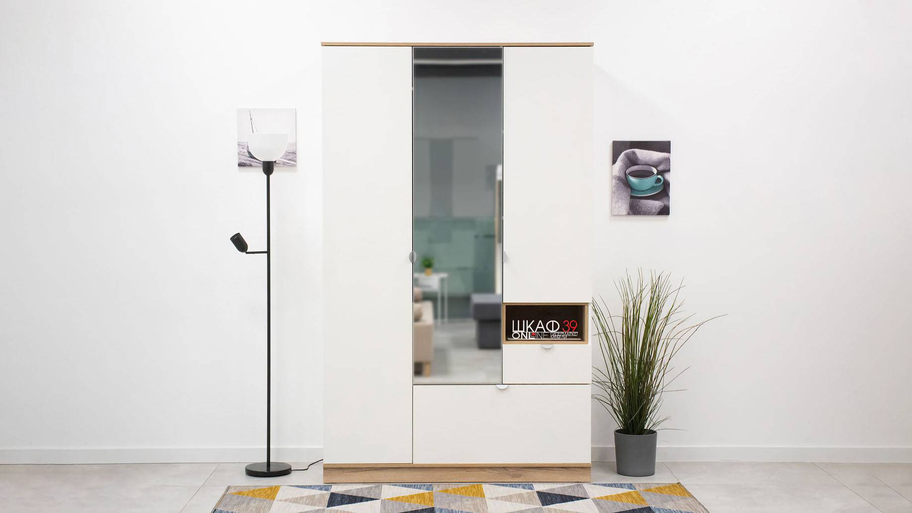 ЮККИ ШК 1Я 1350 Шкаф 3х ств. с зеркалом Белый/Дуб делано смотреть онлайн