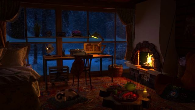 Спите в уютном зимнем домике — зимняя атмосфера со снегопадом и звуками камина. смотреть онлайн