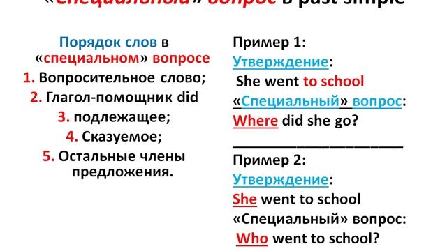 виды вопросов в Past Simple