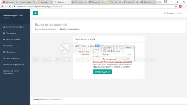 Elysium Company, Вывод средств. Светлана Белякова.
