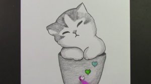 Милый котик в чашке: пошаговый урок рисования карандашом для начинающих