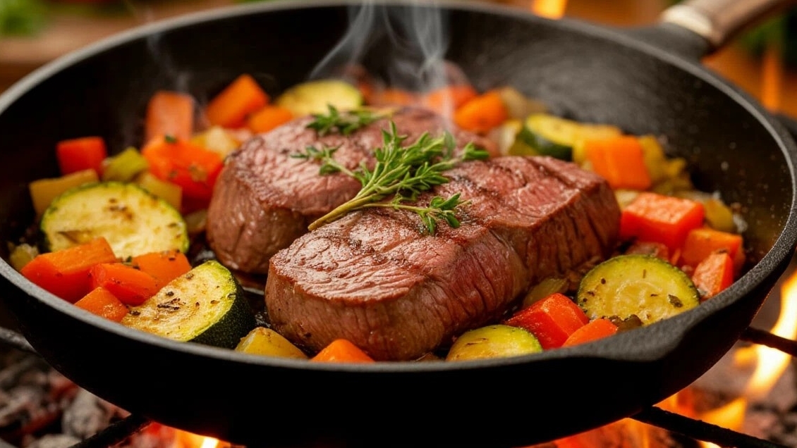 Вырезка с овощами на садже. смотреть онлайн