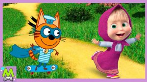 Маша и Медведь vs Три Кота.Гонки Мультяшек.Бег за Конфетами против Гонок на Скейте