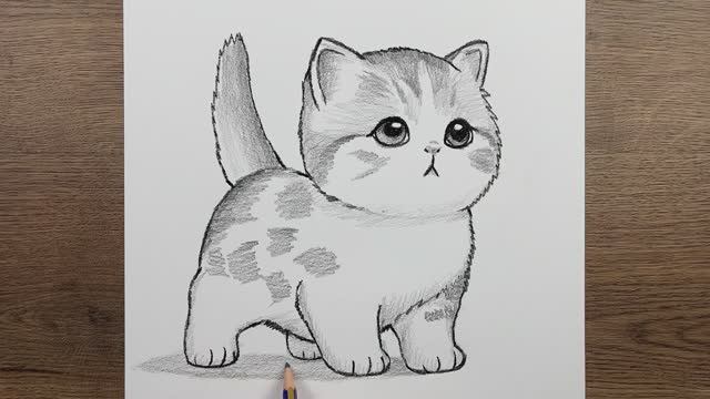Как нарисовать хорошенькую кошку карандашом - Милый рисунок кошки - Легкие рисунки животных смотреть онлайн
