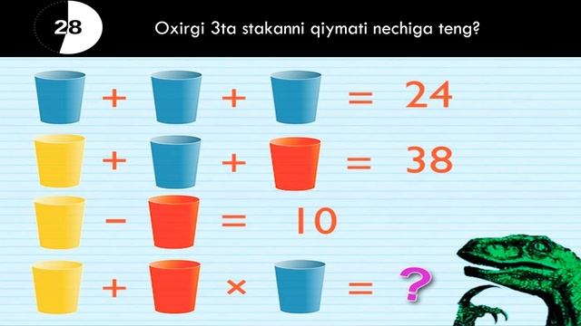 Мантикий математик саволлар // Mantiqiy Matematik Savollar - Siz Buni Topa Olasizmi?(Boshqotirma)