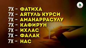 Аль Фатиха, Аятуль Курси, Бакара Аяты, Кафирун, Ихлас, Фалак, Нас по 7 раз