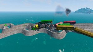 Четырехместные красочные поезда с прицепами-контейнерами на рельсах с ловушками