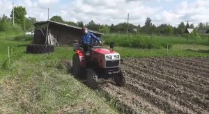 Внук Даня с окучником, на МТ 180.