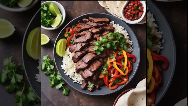 Острый стейк-фахитас с жареным перцем и рисом с кинзой