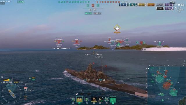 МИР КОРАБЛЕЙ клан KWANT бой AlexSomers на G.KURFURST 70т  урона и 1435 ?