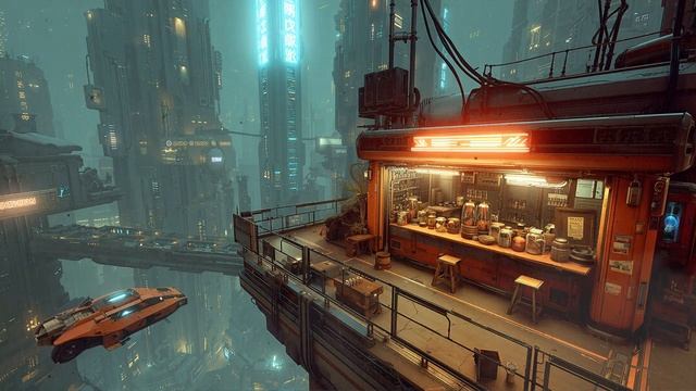 ORBITAL STALL Cozy Streetfood Ambience  Hover Cars & Neon Rain #cyberpunk #darkambient