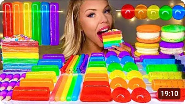 САМАЯ ПОПУЛЯРНАЯ АСМР-ЕДА_ РАДУЖНЫЙ БЛИНЧИК ТОРТ ЖЕЛЕ СОЛОМИКИ NIK-L-NIP ВОСКОВЫЕ ПАЛОЧКИ КВАДРАТНОЕ